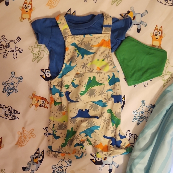 wonder nation Other - Dinosaur Print Overalls with Blue Shirt and Green Bandana